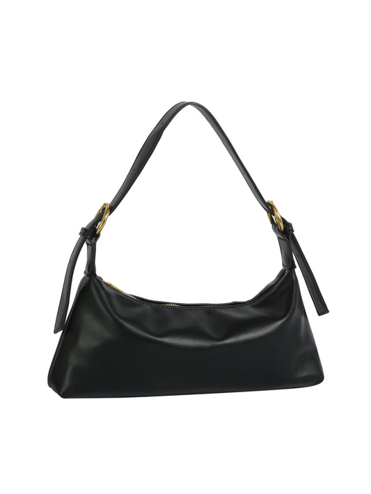 Black handbag with a strap on a white background