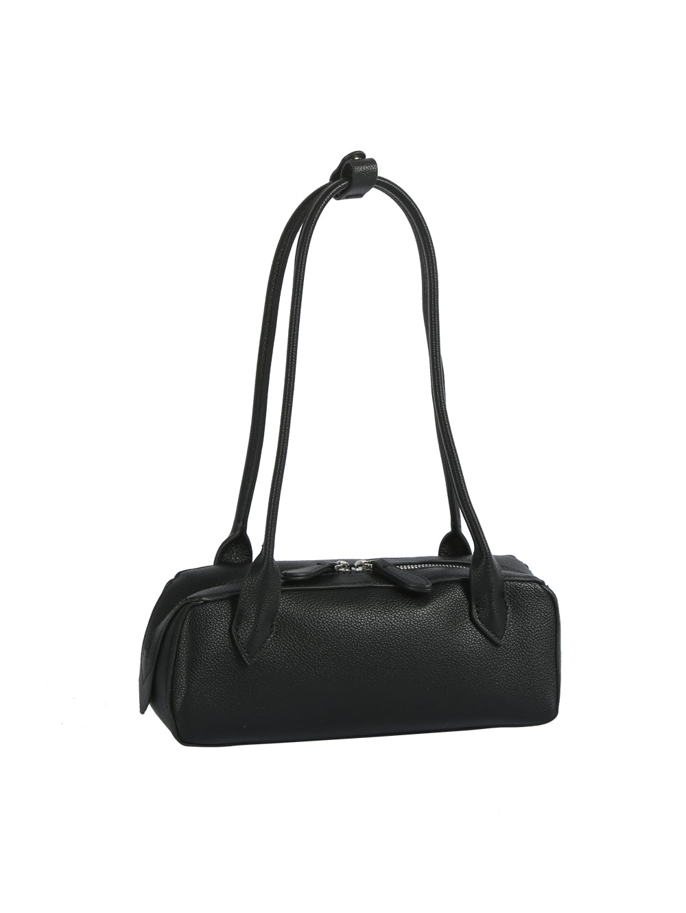 Black handbag with a strap on a white background