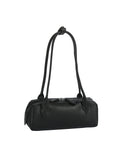 Black handbag with a strap on a white background