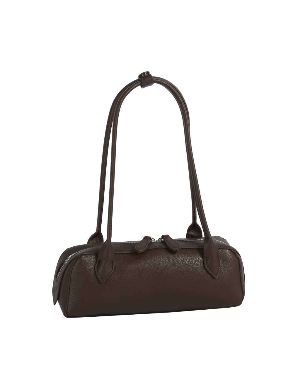 Brown leather handbag with a strap on a white background