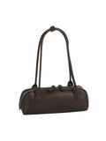 Brown leather handbag with a strap on a white background