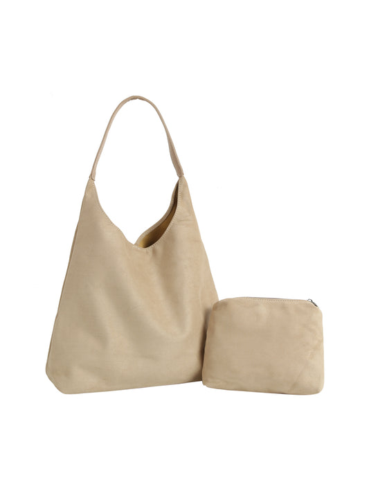 Beige handbag with matching pouch on a white background