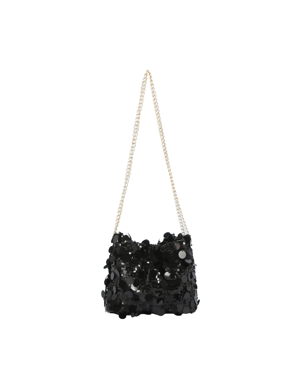 Black sequined handbag with a chain strap on a white background
