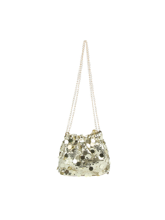 Sparkling handbag with a chain strap on a white background