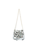 Silver sequin handbag with a chain strap on a white background