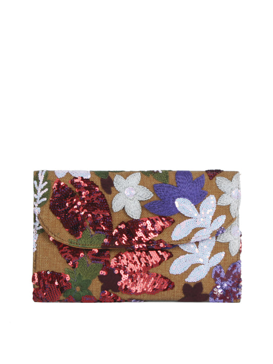 Floral patterned clutch with sequins on a white background