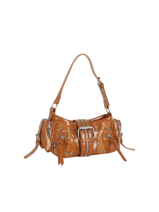 Edgy Studded Multi-Zipper Shoulder Bag