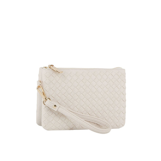 Woven triple compartment convertible clutch crossbody wristlet