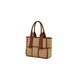 Woven color block top handle tote