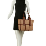 Woven color block top handle tote