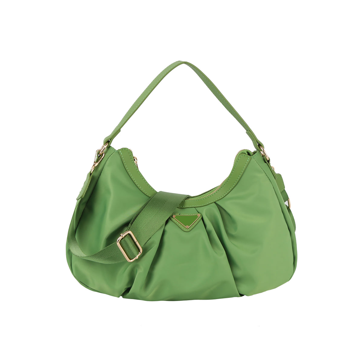 Nylon triangle plaque crescent shoulder bag