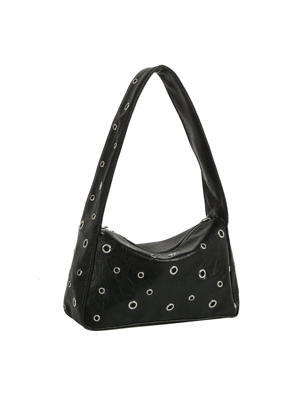 Black handbag with circular cutouts on a white background