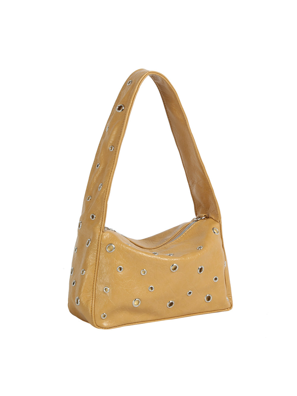 Yellow handbag with stud details on a white background