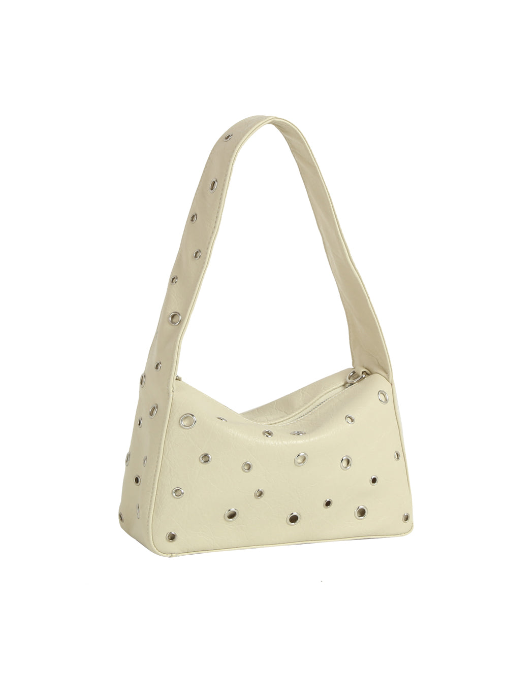 Beige handbag with rhinestone embellishments on a white background