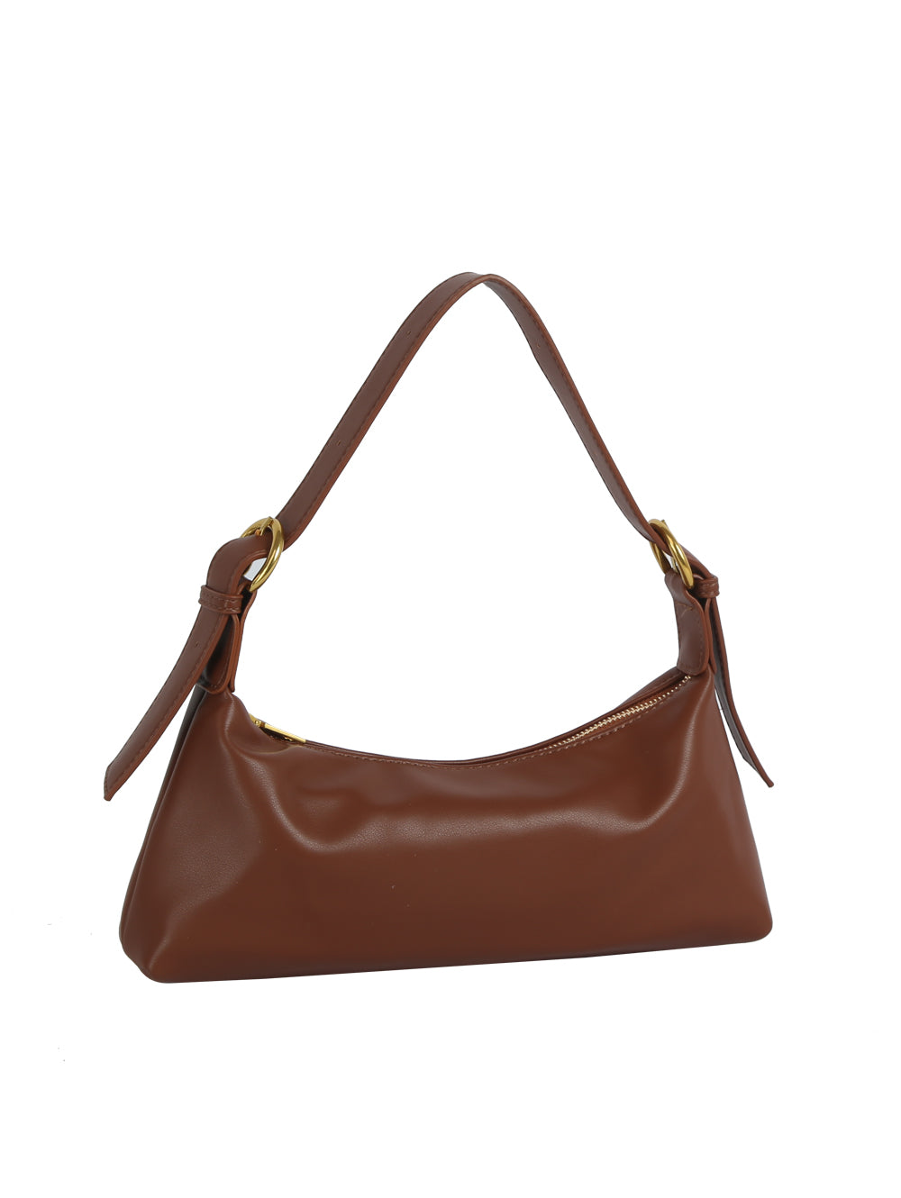 Brown handbag with a shoulder strap on a white background