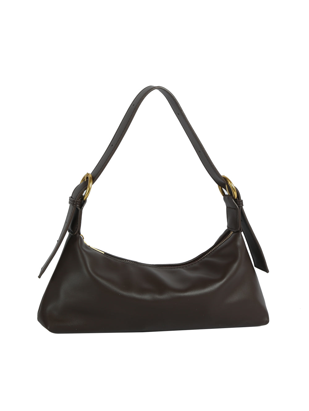 Brown handbag with gold accents on a white background