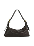 Brown handbag with gold accents on a white background