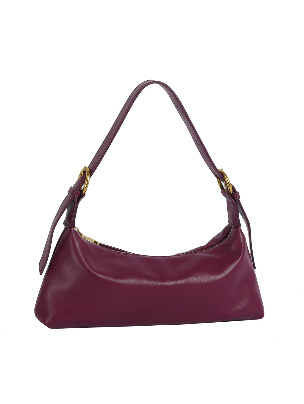 Purple handbag with gold accents on a white background