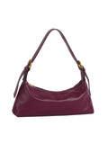 Purple handbag with gold accents on a white background