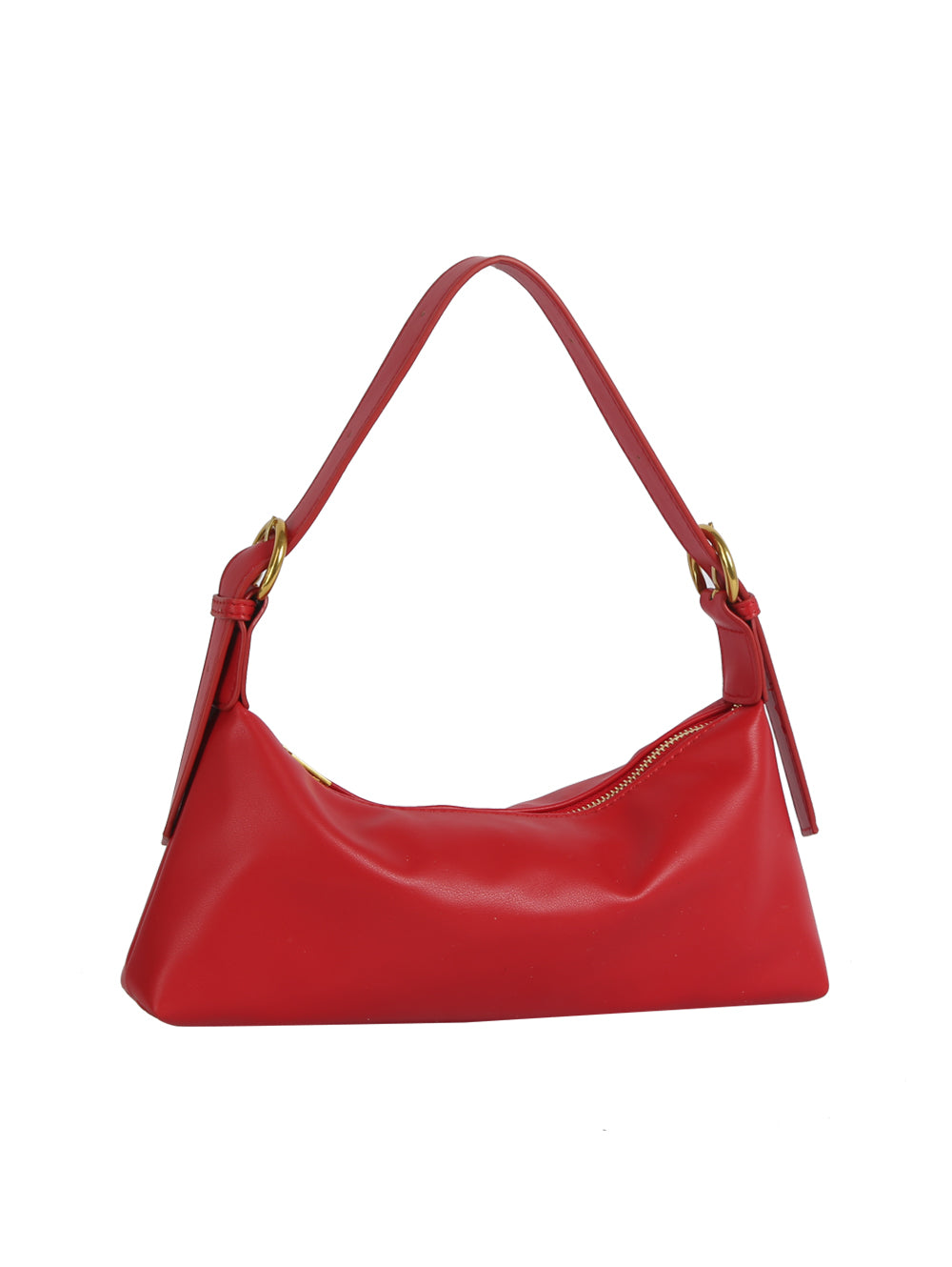 Red handbag with a shoulder strap on a white background