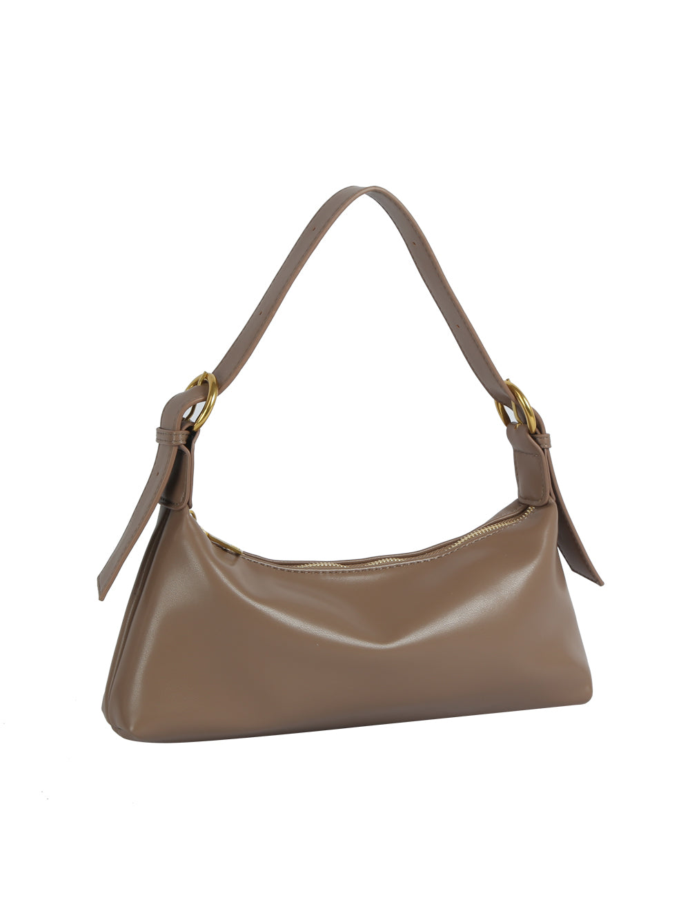 Brown handbag with a strap on a white background