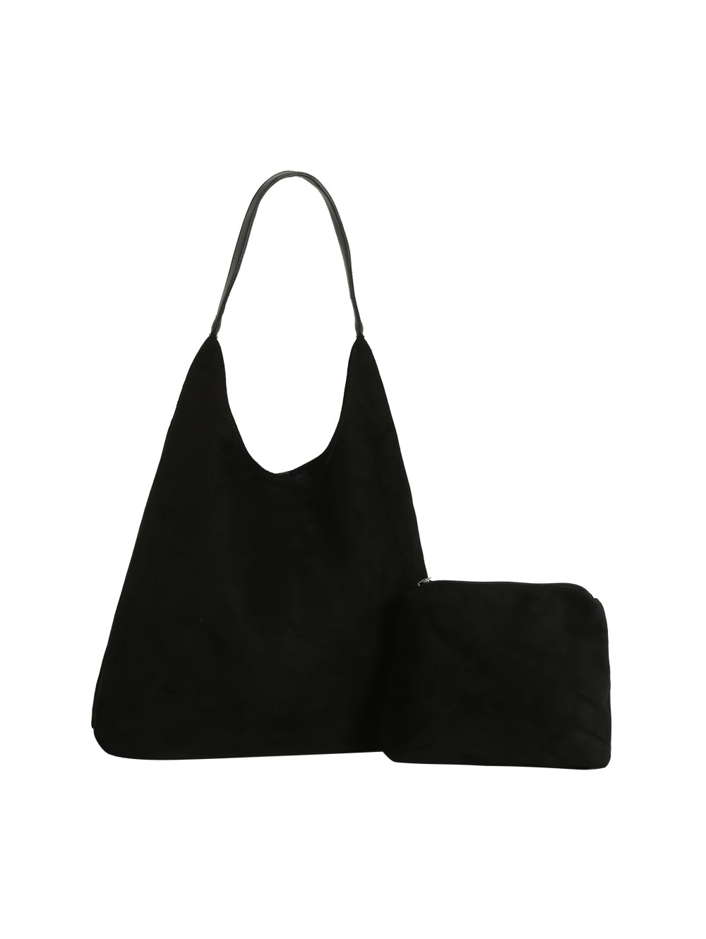 Black shoulder bag with a matching pouch on a white background