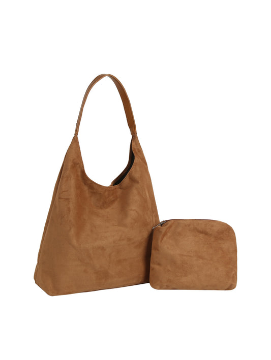 Brown handbag with matching pouch on a white background