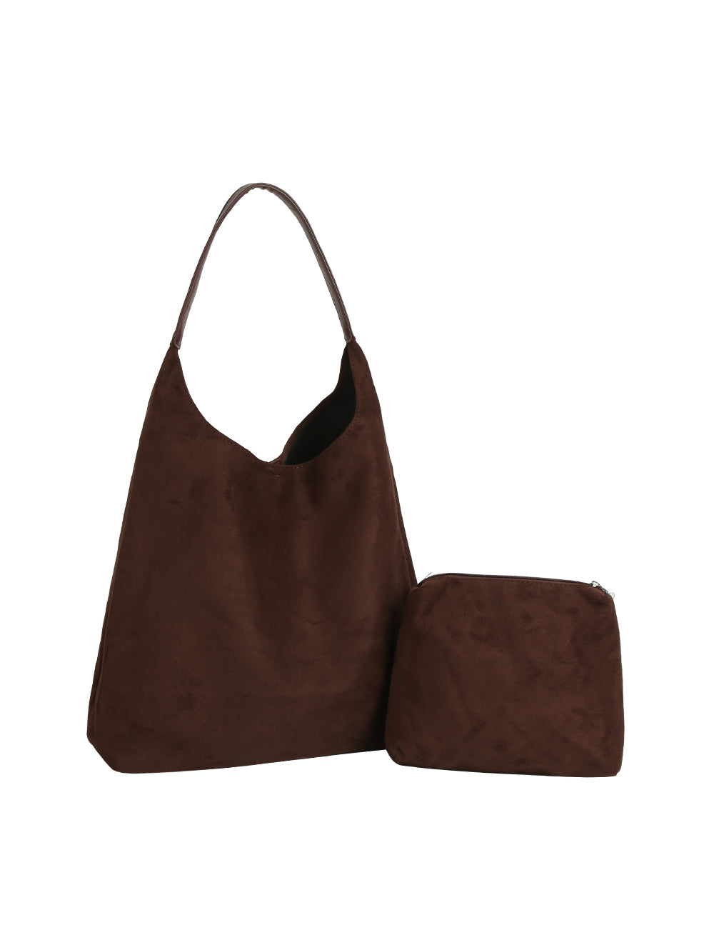 Brown handbag with matching pouch on a white background