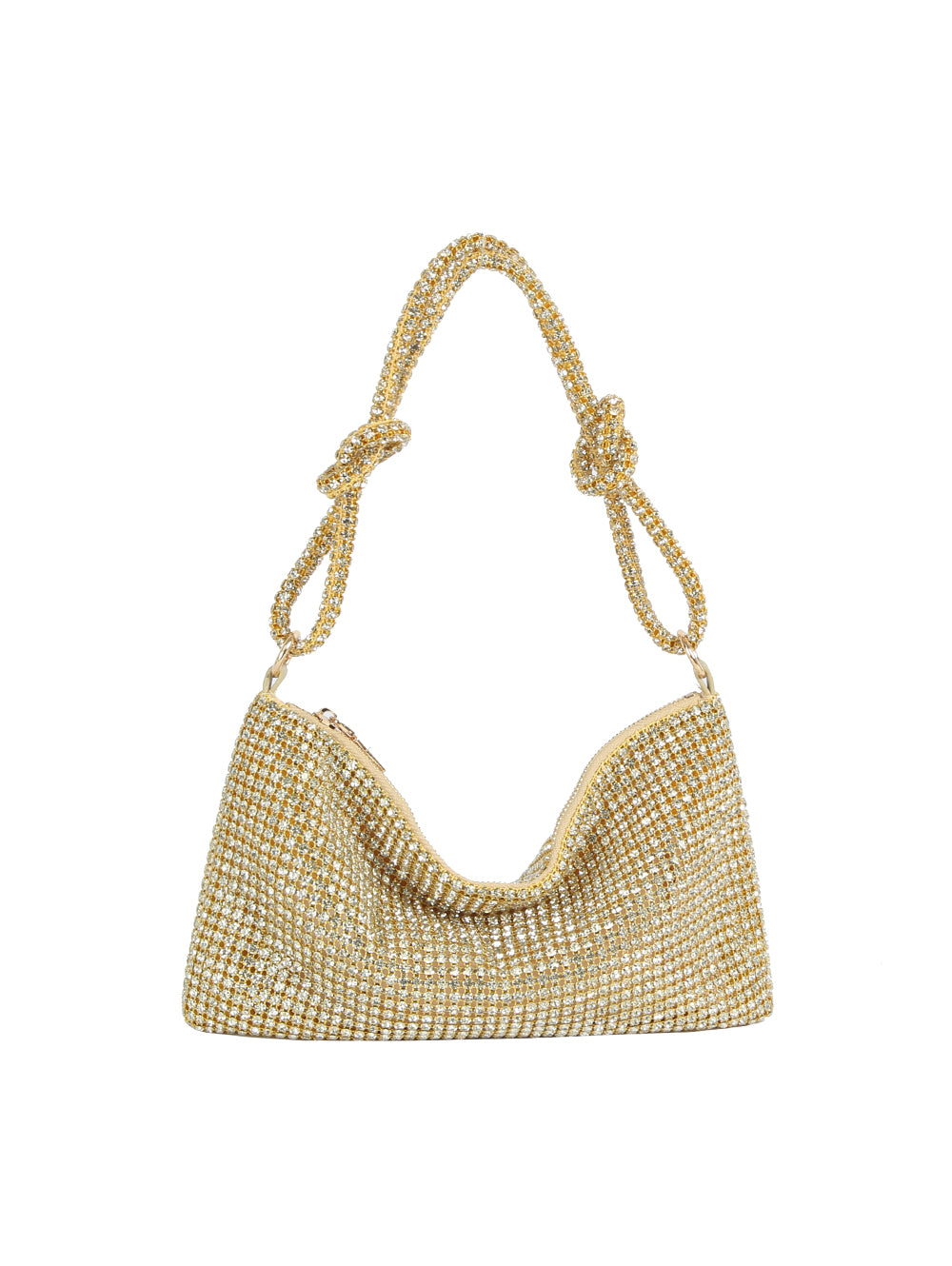 Gold beaded handbag on a white background