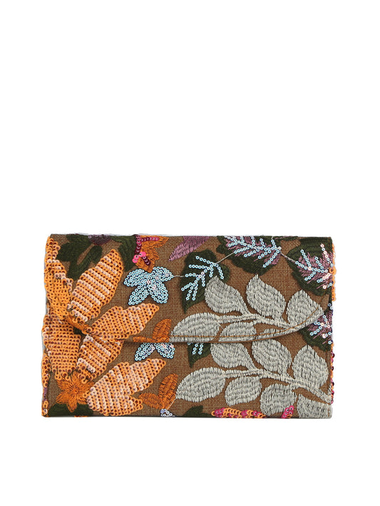 Floral patterned clutch bag on a white background