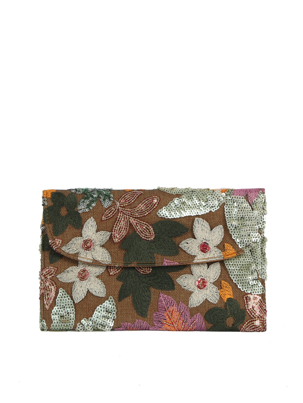 Floral patterned clutch bag with sequin accents on a white background
