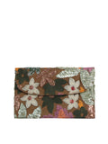 Floral patterned clutch bag with sequin accents on a white background