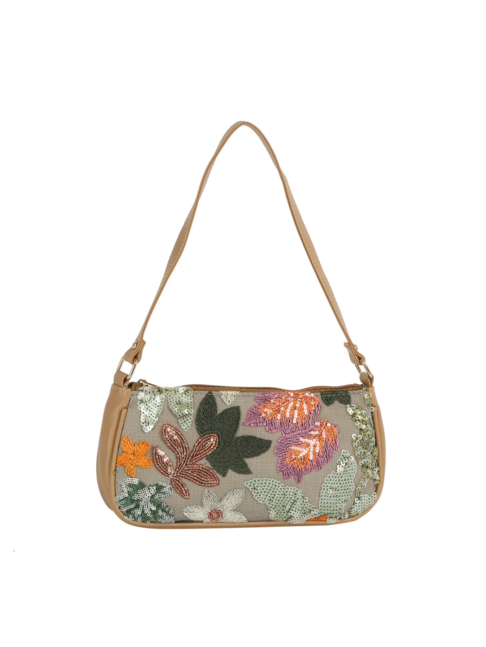 Floral embroidered handbag with a beige strap on a white background