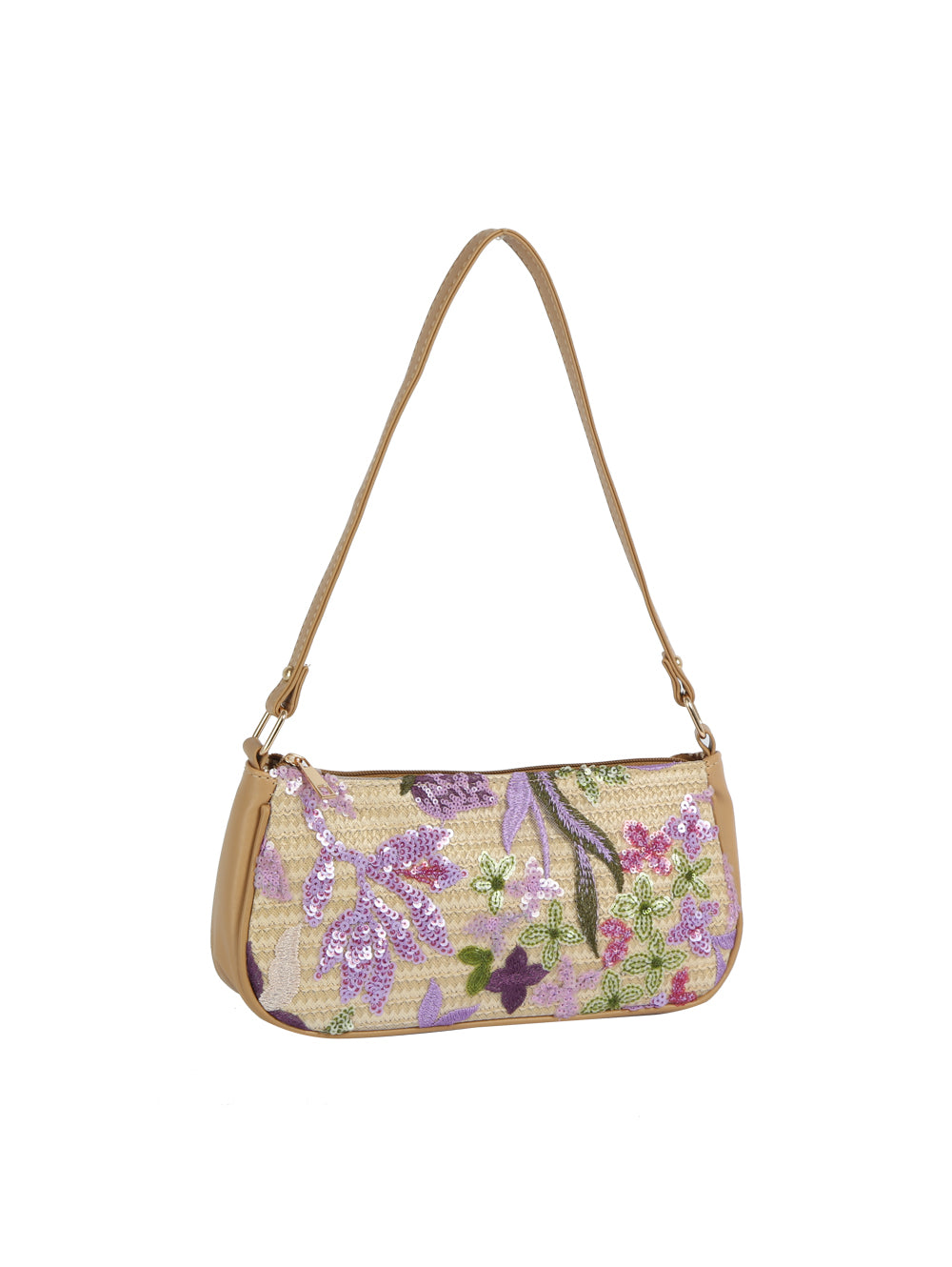 Floral patterned handbag with a strap on a white background