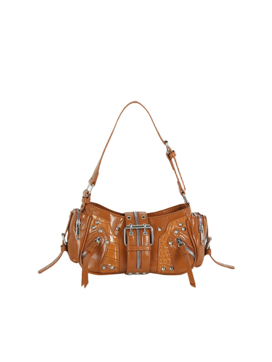 Edgy Studded Multi-Zipper Shoulder Bag