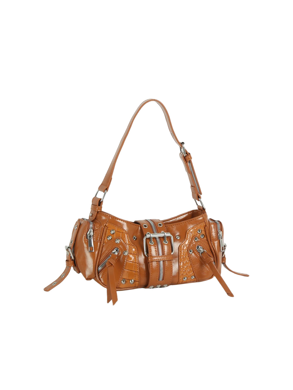 Edgy Studded Multi-Zipper Shoulder Bag