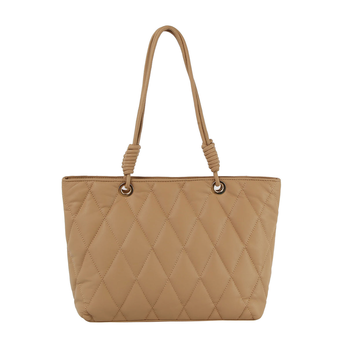 Quilted shopper tote with knot detailed handle