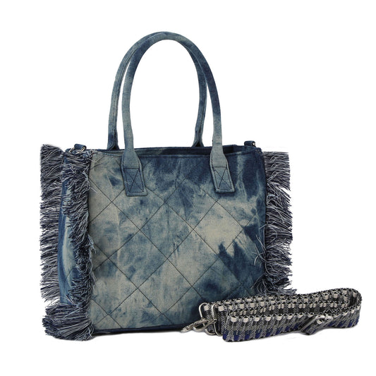 Quilted fringe dyed dinim tote bag