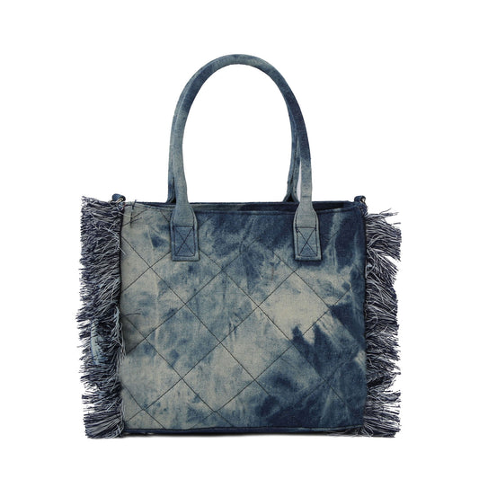 Quilted fringe dyed dinim tote bag