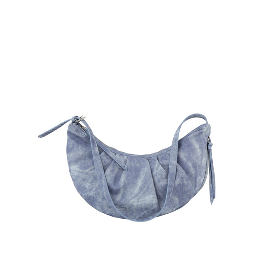 Washed denim crescent crossbody shoulder bag