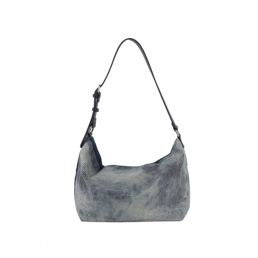 Washed denim rhinestone hobo shoulder bag