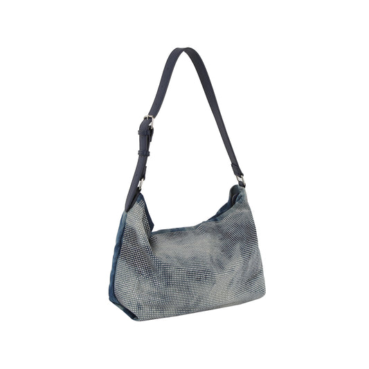 Washed denim rhinestone hobo shoulder bag