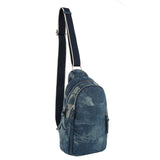 Washed denim sling backpack