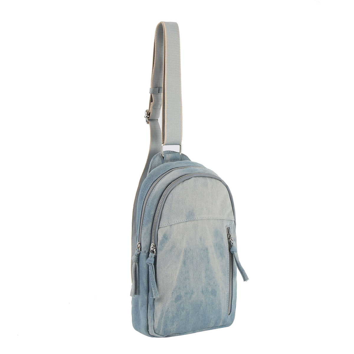 Washed denim sling backpack