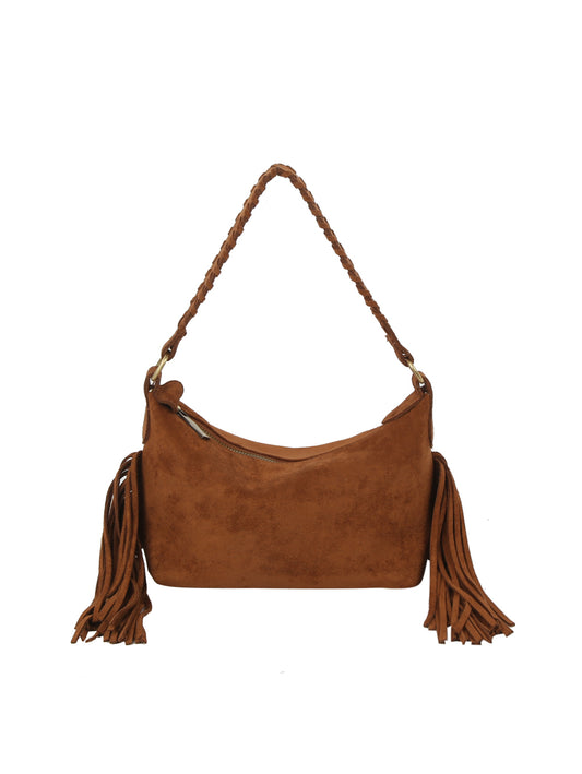 Fringed Hobo Bag with Braided Shoulder Strap