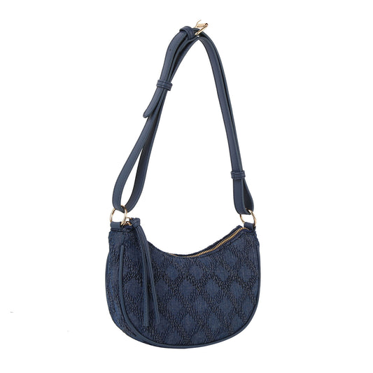 Patterned denim halfmoon shoulder bag