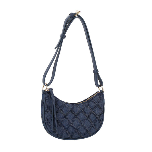 Patterned denim halfmoon shoulder bag