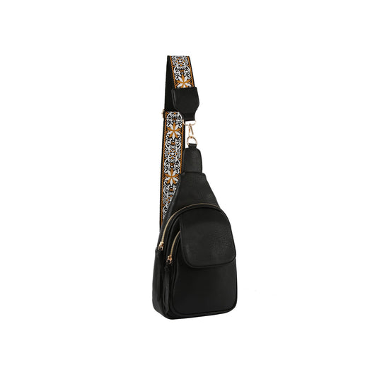 Guitar strap sling backpack with snap closing front flap