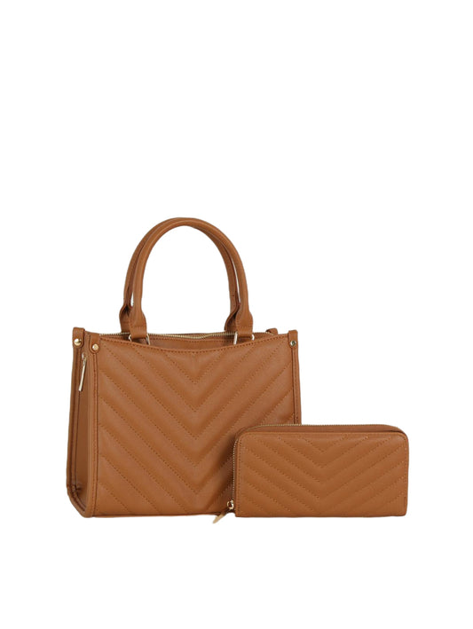 V-Chevron Quilted Handbag and Matching Wallet Set