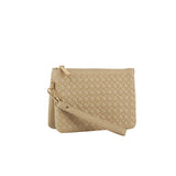 Woven triple compartment convertible clutch crossbody wristlet